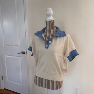 Saks Fifth Cream and Blue Collared Knit Top